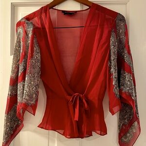 BCBG MaxAzria Sheer Red/Grey/Black Top. Size XS